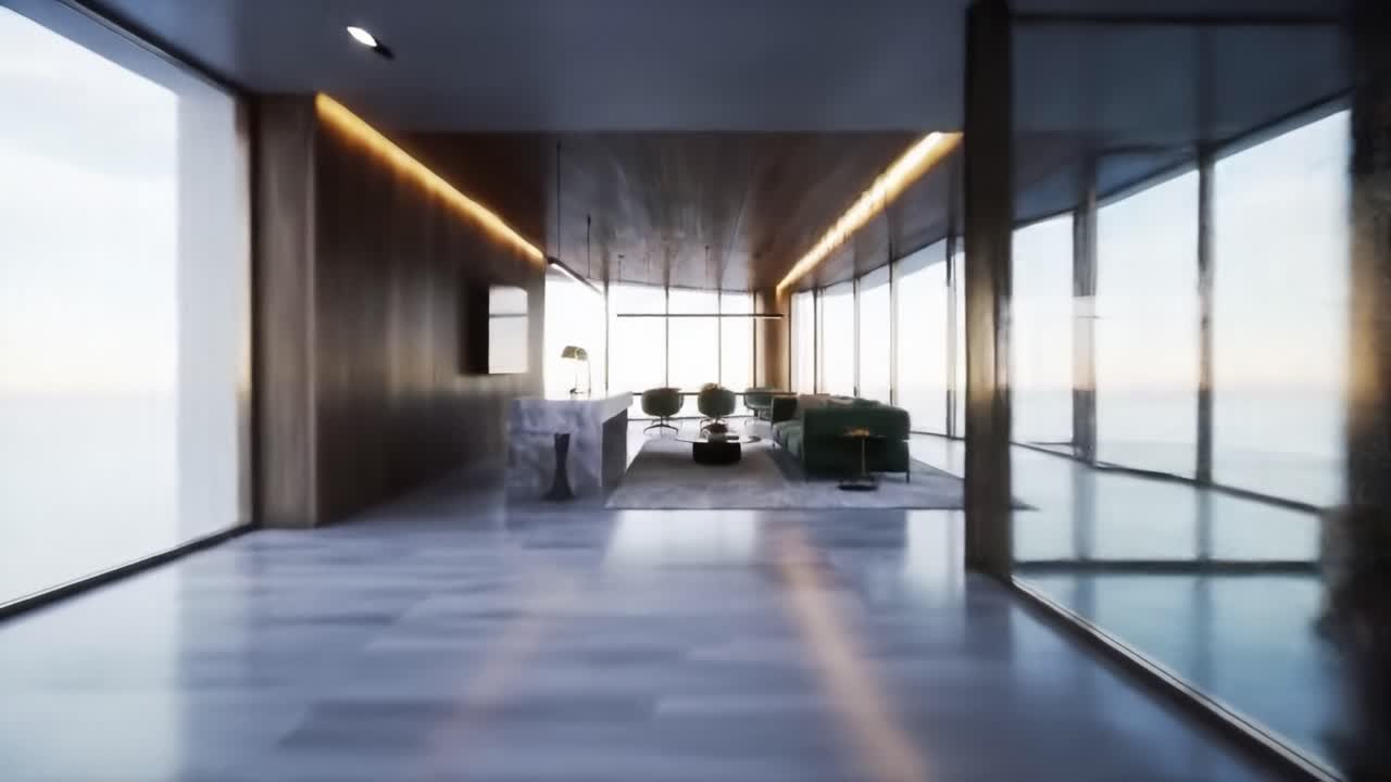 A futuristic office corridor showcases expansive glass walls with stunning views of the city skyline at sunset. The ambiance is bright and sophisticated, highlighting modern architecture.