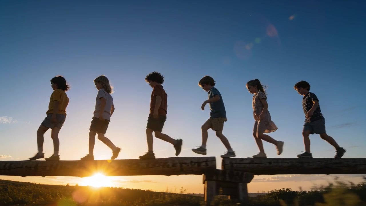 夕暮れ時、先頭の子供が木製の梁に足を踏み出し、6人が後に続いてスニーカー姿でその上を歩いている。