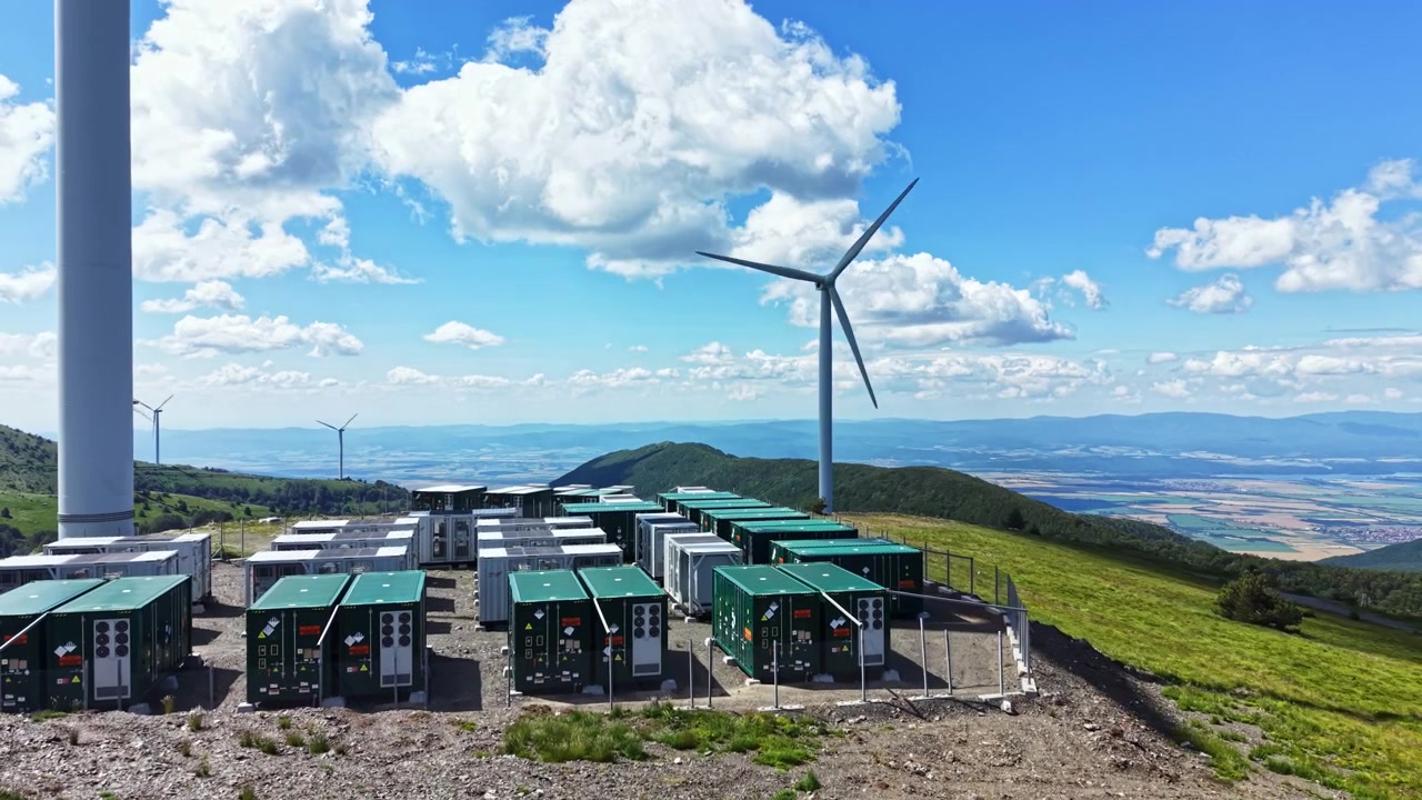 Wind turbines and energy storage containers are set on a hillside with clear blue sky and clouds during the day