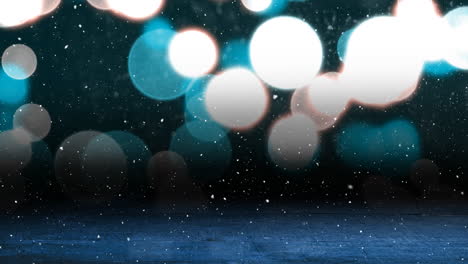 animación de nieve cayendo sobre puntos brillantes de luz con espacio de copia y superficie de madera
