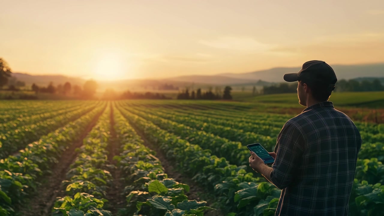 Granjero usando una tableta digital para monitorear cultivos en el campo al atardecer
