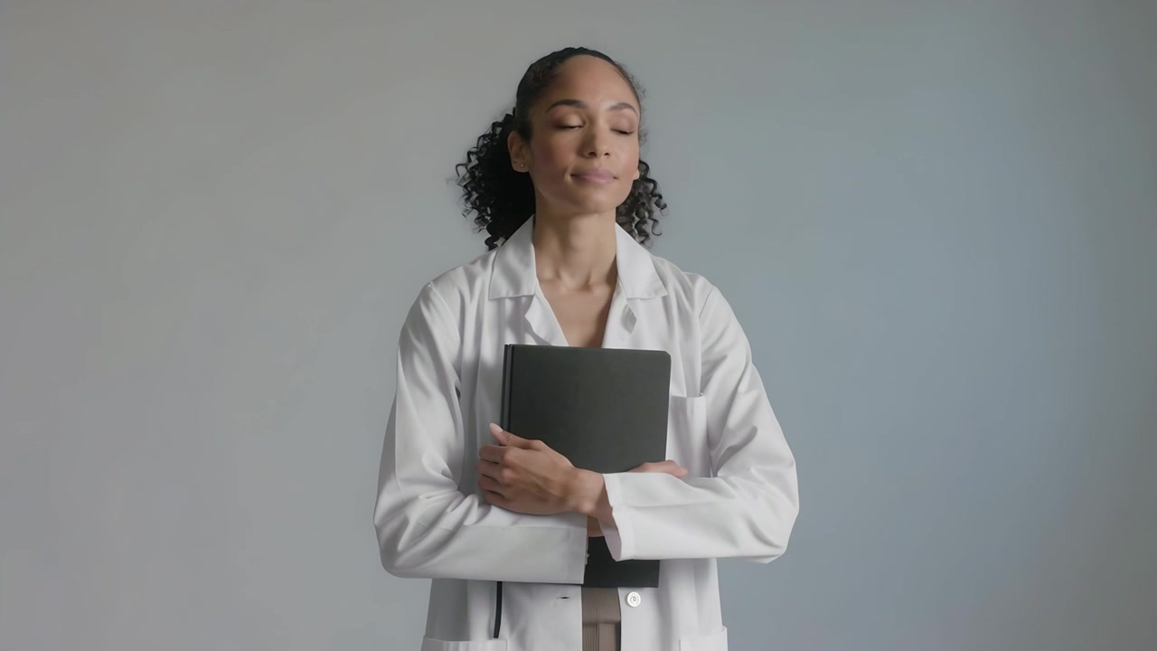 Holding black folder in studio doctor in lab coat with stethoscope shifting grip hugging it pausing