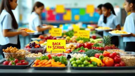 students select healthy food options at a back to school event in a cafeteria