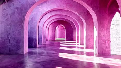 a long hallway with arches in a pink room