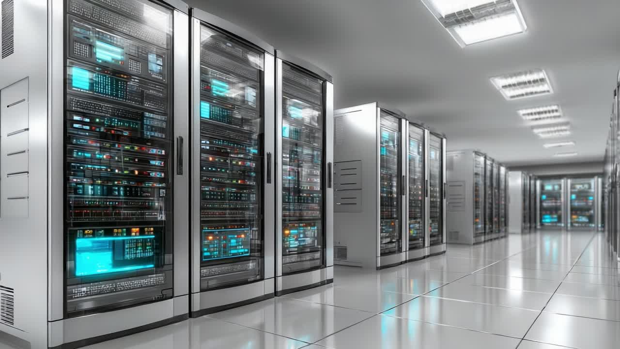 A Modern Data Center: Showcasing Cutting-Edge Server Technology in a Sleek, High-Tech Environment Filled with Rows of Advanced Computing Equipment