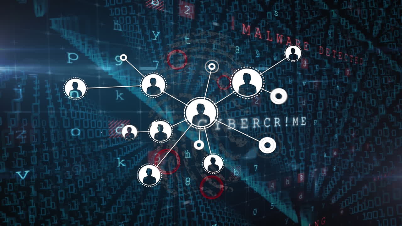 animación de la red de conexiones con iconos de usuario sobre el cortafuegos y textos de seguridad