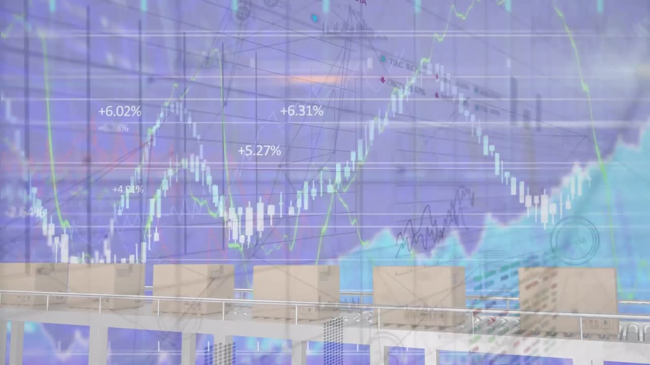 컨베이어 벨트와 그리드에 있는 상자 위의 금융 데이터 처리 애니메이션