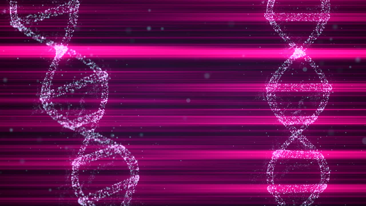Animated presentation of infected dna cells rotating on black background and beaming red light.