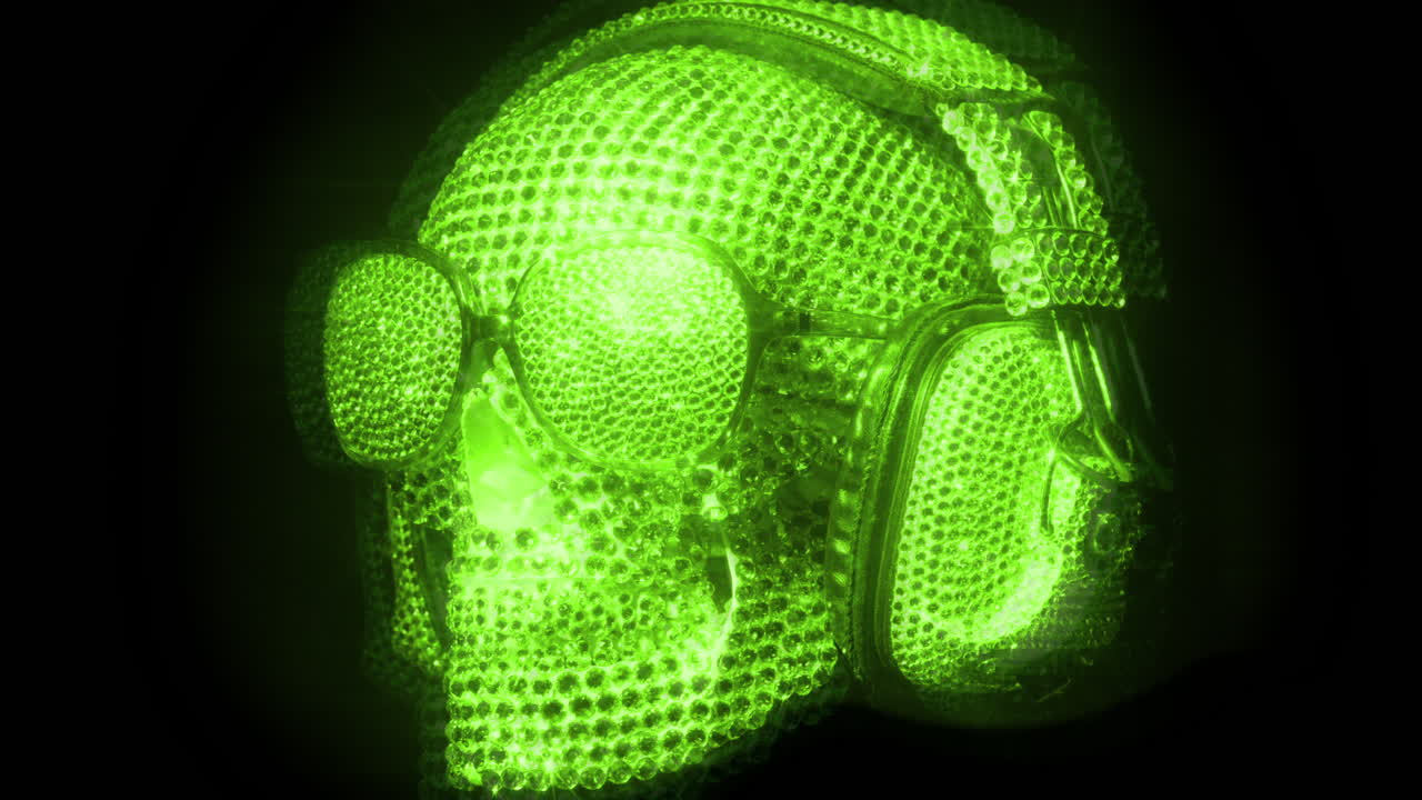increíble cráneo cubierto de diamantes con auriculares y gafas de sol
