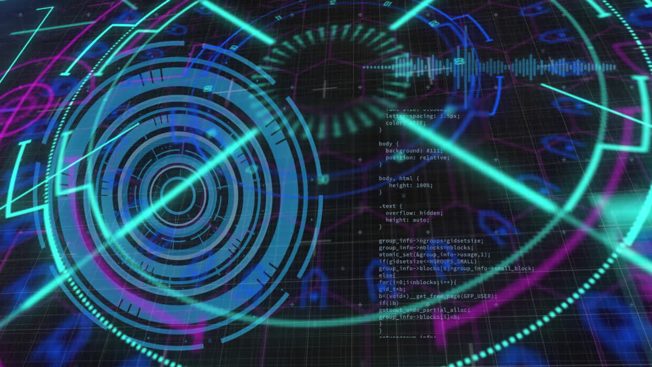 Animation of circular neon and blue scanners over processing data on interface with black background