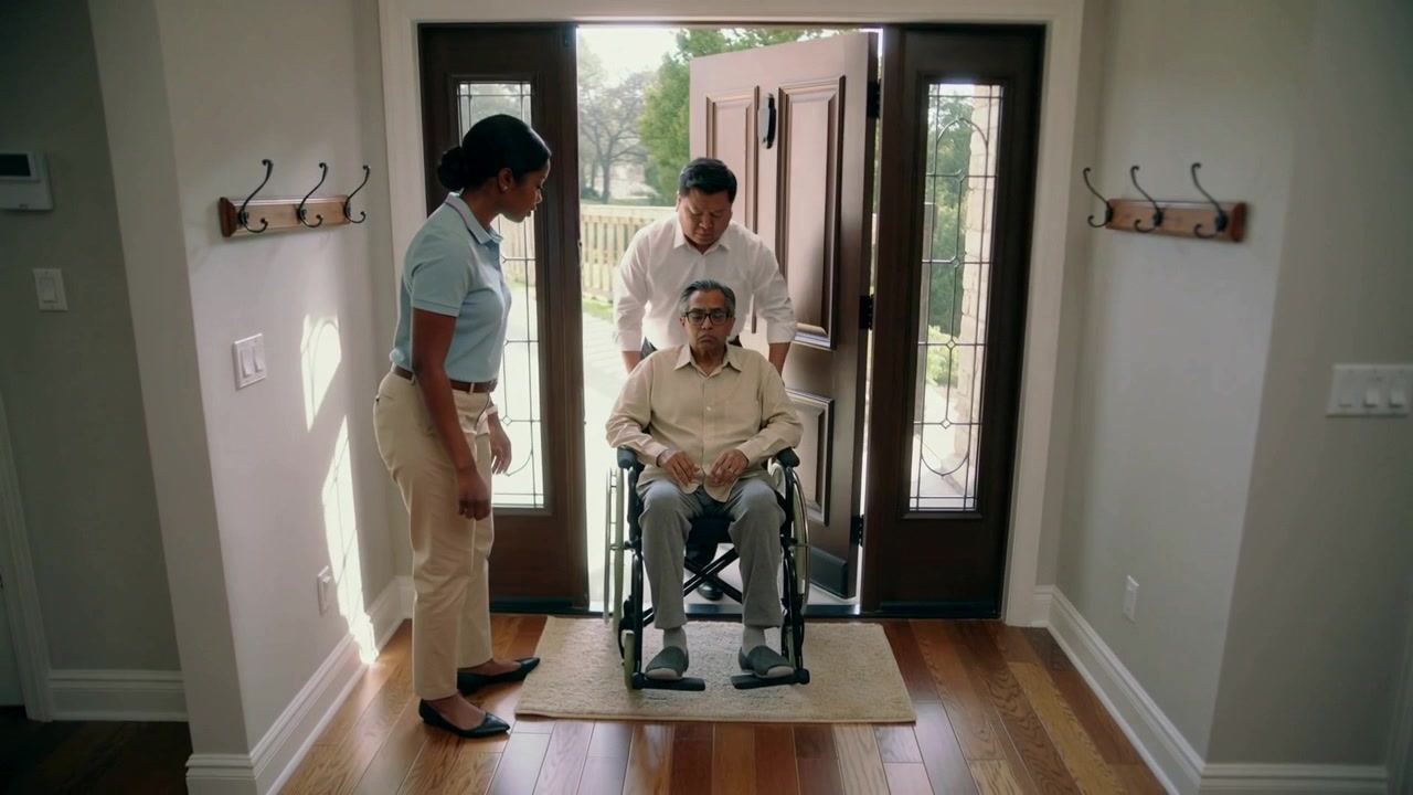 Assistente uomo che spinge una sedia a rotelle oltre la soglia di casa, con polo azzurra che sostiene l'anziano.