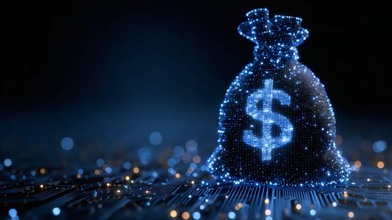 Shimmering Digital Currency Bag: A Stunning Visual of a Glowing Money Sack on a Circuit Board Background, Representing Wealth and Technology Intertwined in the Modern Era