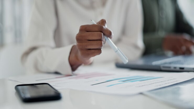 Paperwork, pen or hands of person nervous