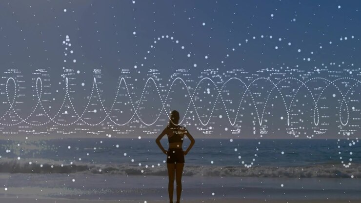 Donna che si lega i capelli e si immerge tra le onde cercando calma, con una forma d'onda tecnologica che pulsa intorno a lei.