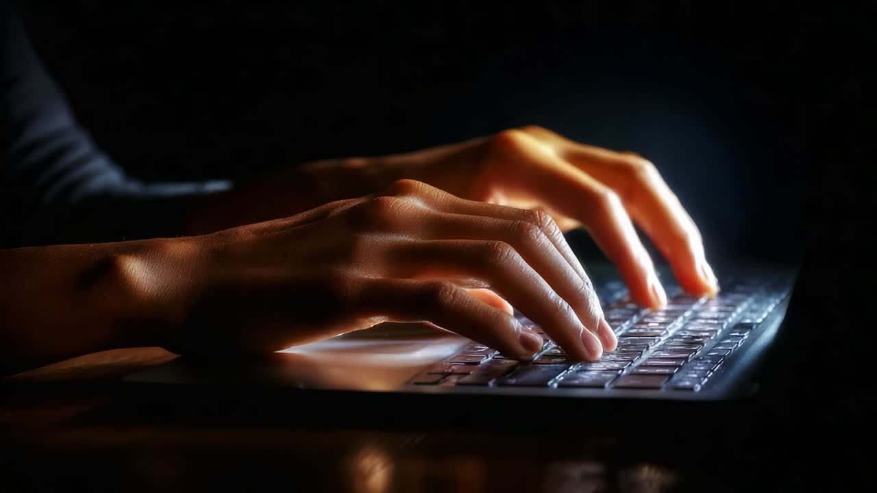 Een intieme blik op handen die typen op een toetsenbord in een slecht verlichte omgeving, verlicht door de zachte gloed van het scherm, waarbij de essentie van digitale creativiteit en gefocust werk wordt vastgelegd