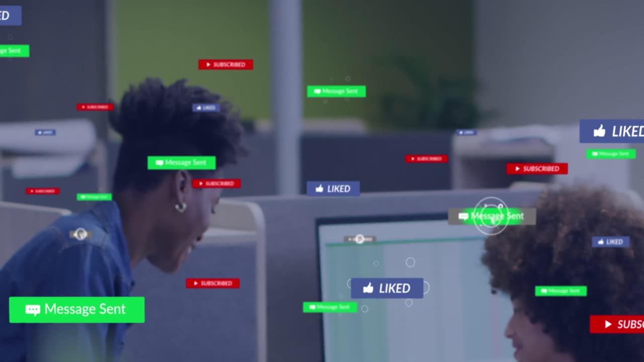 Animation of social media icons against two diverse women discussing at office