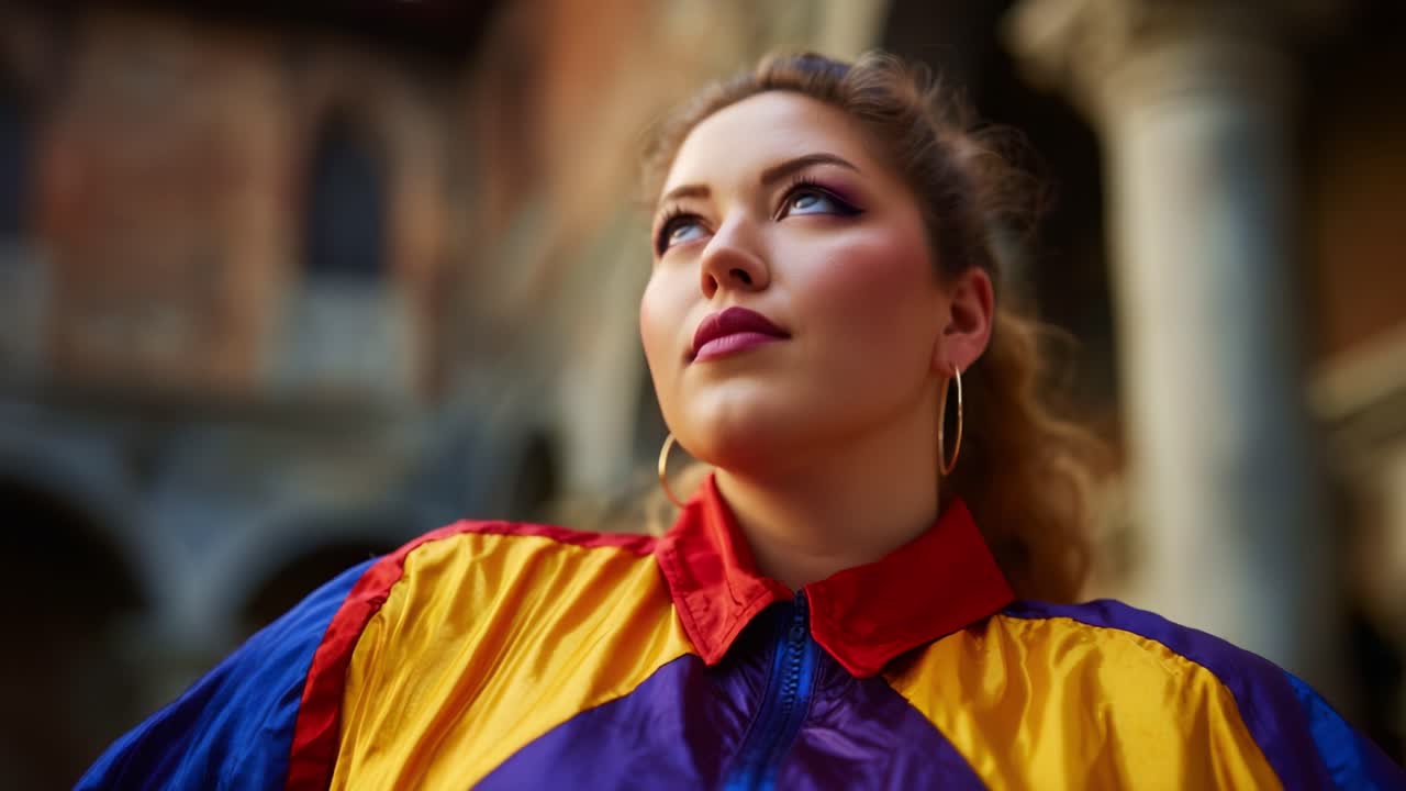 Un ritratto elegante di una giovane donna sicura di sé con un vivace abbigliamento multicolore, che trasuda personalità sullo sfondo di una splendida architettura
