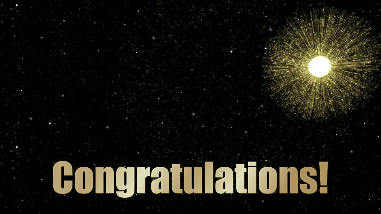 Golden fireworks explode against a starry night sky behind bold gold Congratulations text animation
