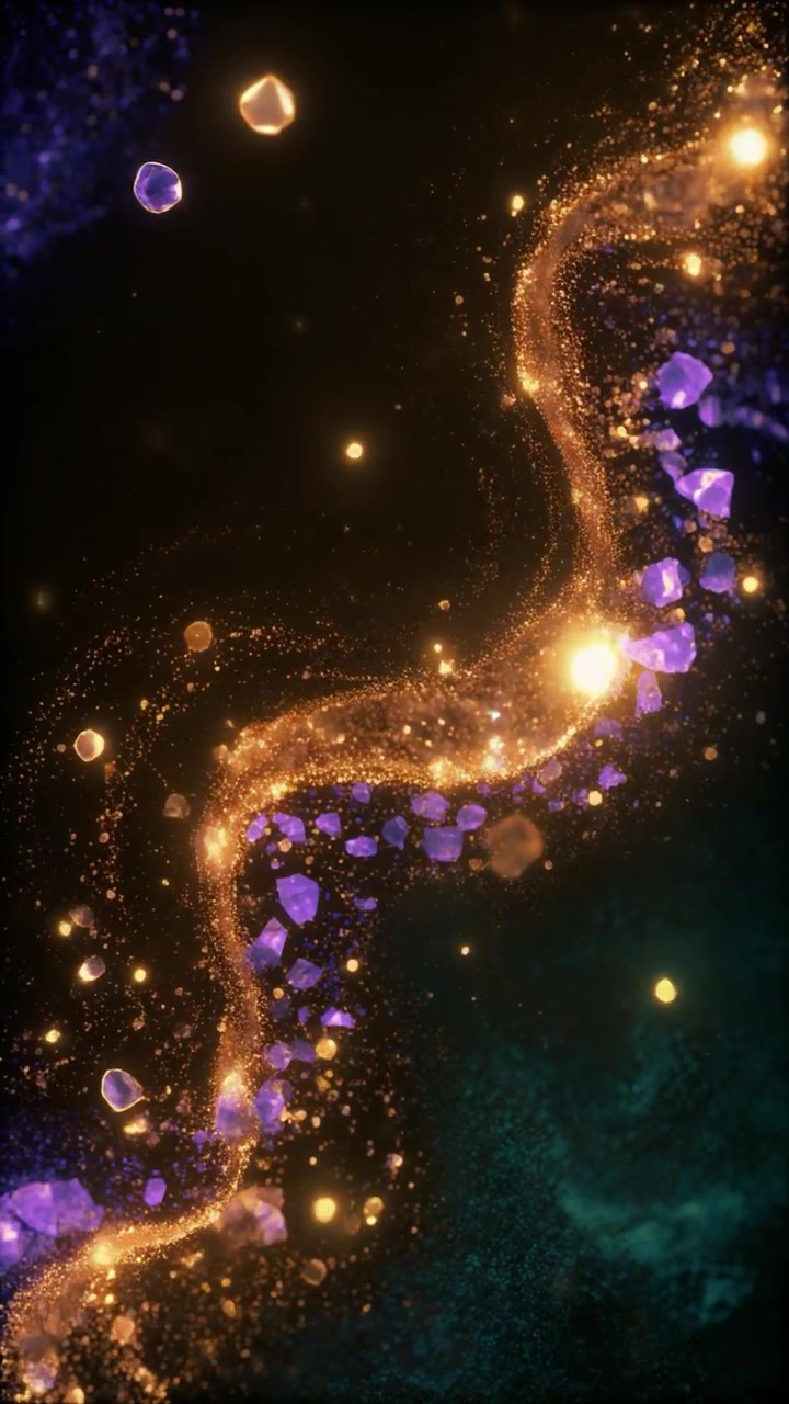 Abstract Flow of Golden Particles and Floating Purple Crystals