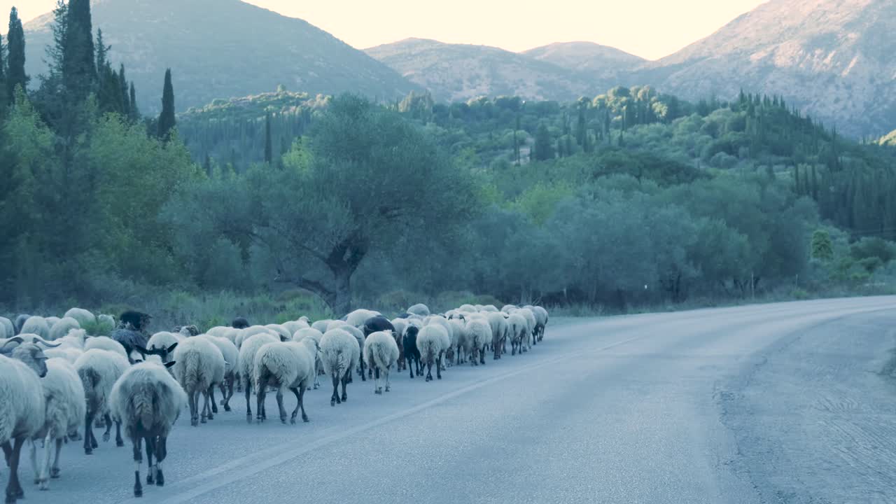 Sheep Herd Crossing a Mountain Road