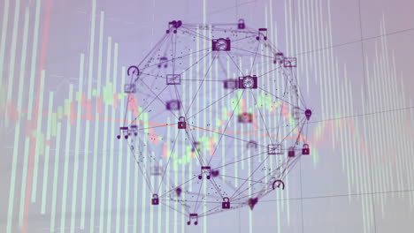 Network of connections and data processing animation over financial graphs