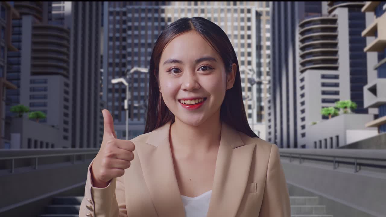 Business Woman Giving Thumbs Up in Cityscape