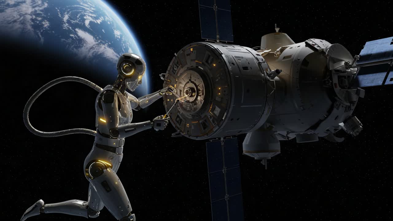 A futuristic robotic figure conducts maintenance on a spacecraft in low Earth orbit, showcasing advanced technology against the backdrop of our planet and the cosmos