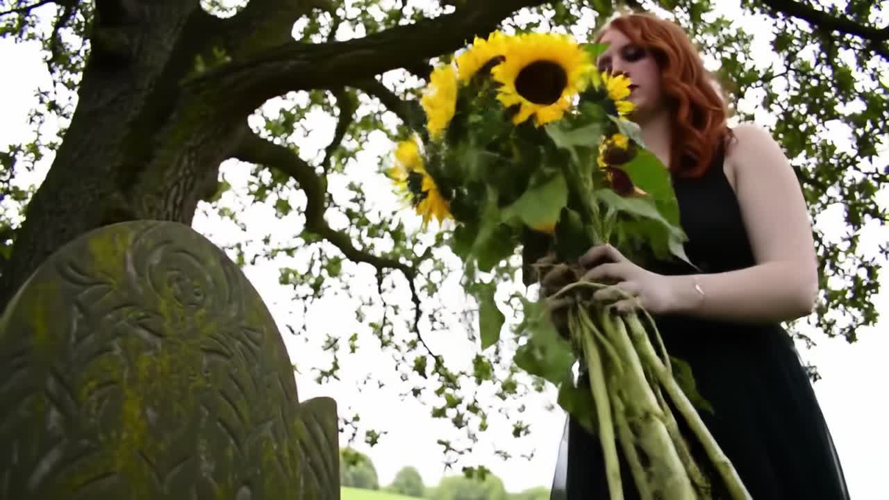 A Solemn Tribute: A Young Woman Graces a Grave with a Bouquet of Sunflowers Under a Canopy of Trees, Evoking Reflection and Remembrance