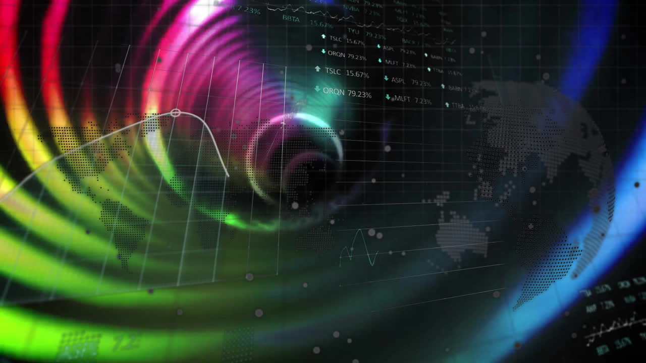 Animation of colorful abstract waves with financial charts on world map background
