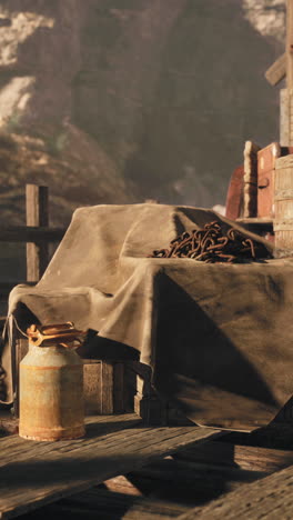 escena rústica con cadenas, caja de madera y lata de metal