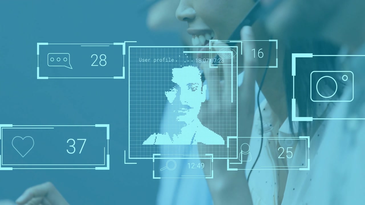 Customer support agent typing and raising headset, floating icons updating user profile for review