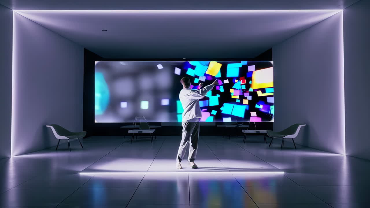 Person interacting with a large holographic display in a futuristic room