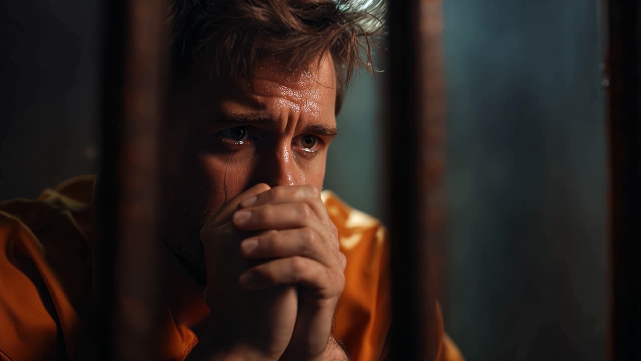 Homem de macacão laranja aperta o rosto atrás das grades. A escuridão o cerca, aumentando sua angústia emocional. Seus olhos transmitem tristeza, medo ou profundo arrependimento. Esta imagem captura o isolamento