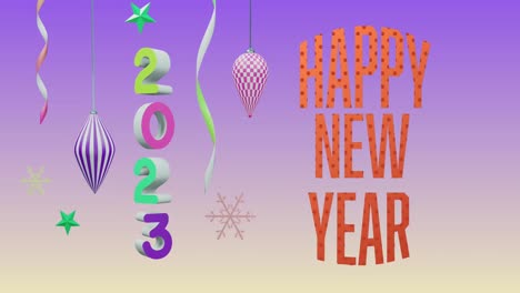 Animation-of-happy-new-year-text-over-2023-text-and-decorations-on-purple-background