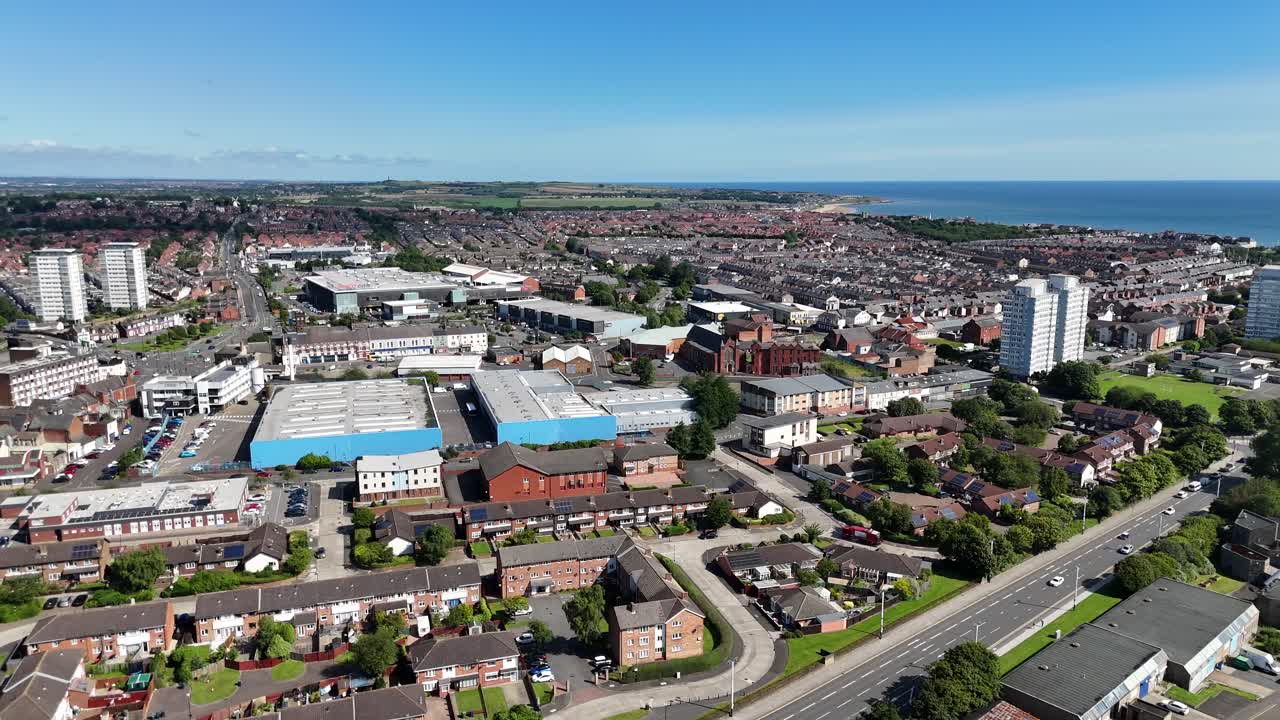 Sunderland City UK North East England Tyne And Wear Monkwearmouth Bridge Stadium Of Light River Wear Seaburn Roker Mackem British Town Drone Aerial View Footage