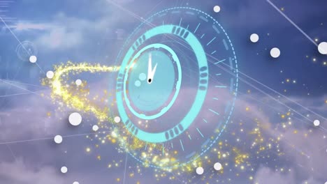 Animation-Des-Netzwerks-Von-Verbindungen-über-Uhr,-Bewegung-Und-Wolken