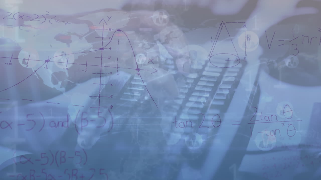 연결 네트워크와 수학 방정식의 애니메이션 손으로 키보드에 타이핑