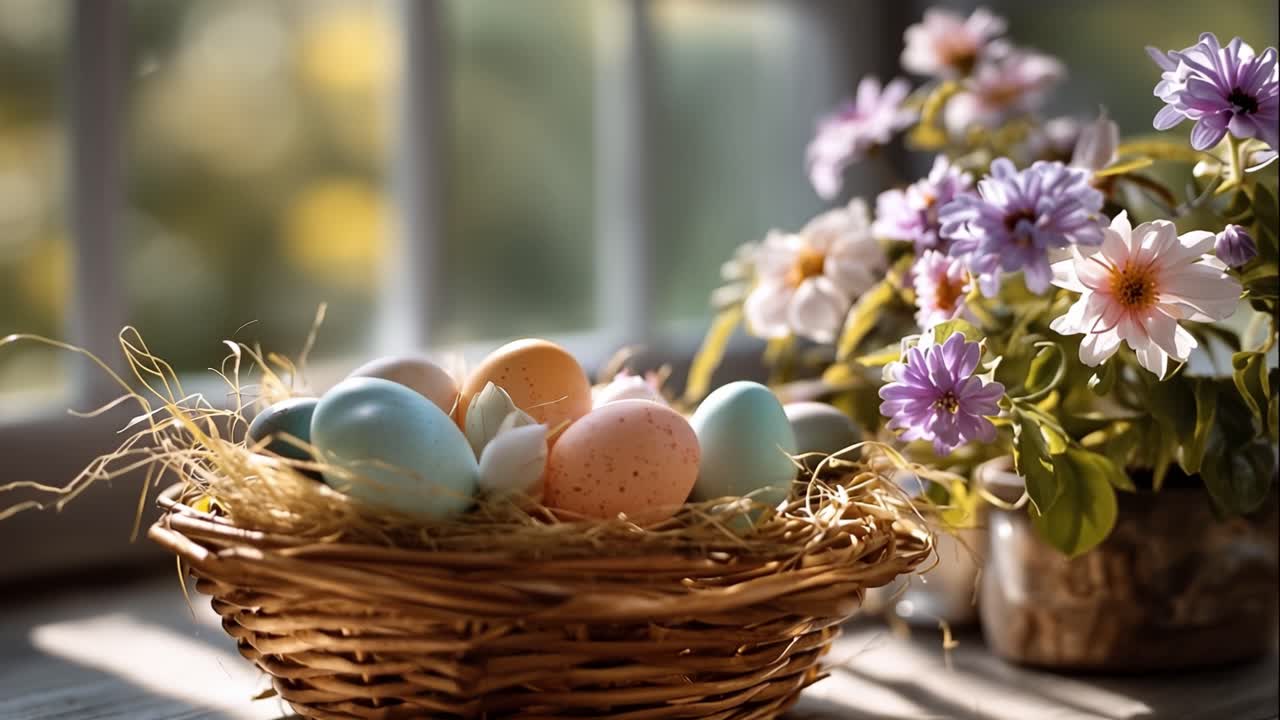 Sunlit basket holds colorful eggs. Soft-focus flowers add gentle charm. Warm light bathes the scene. Easter stillness radiates peace. Ideal for spring or festive projects. No people or animals present