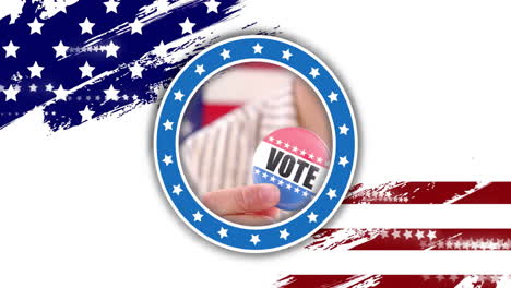 animation of caucasian hand holding vote badge with american flag elements on white background