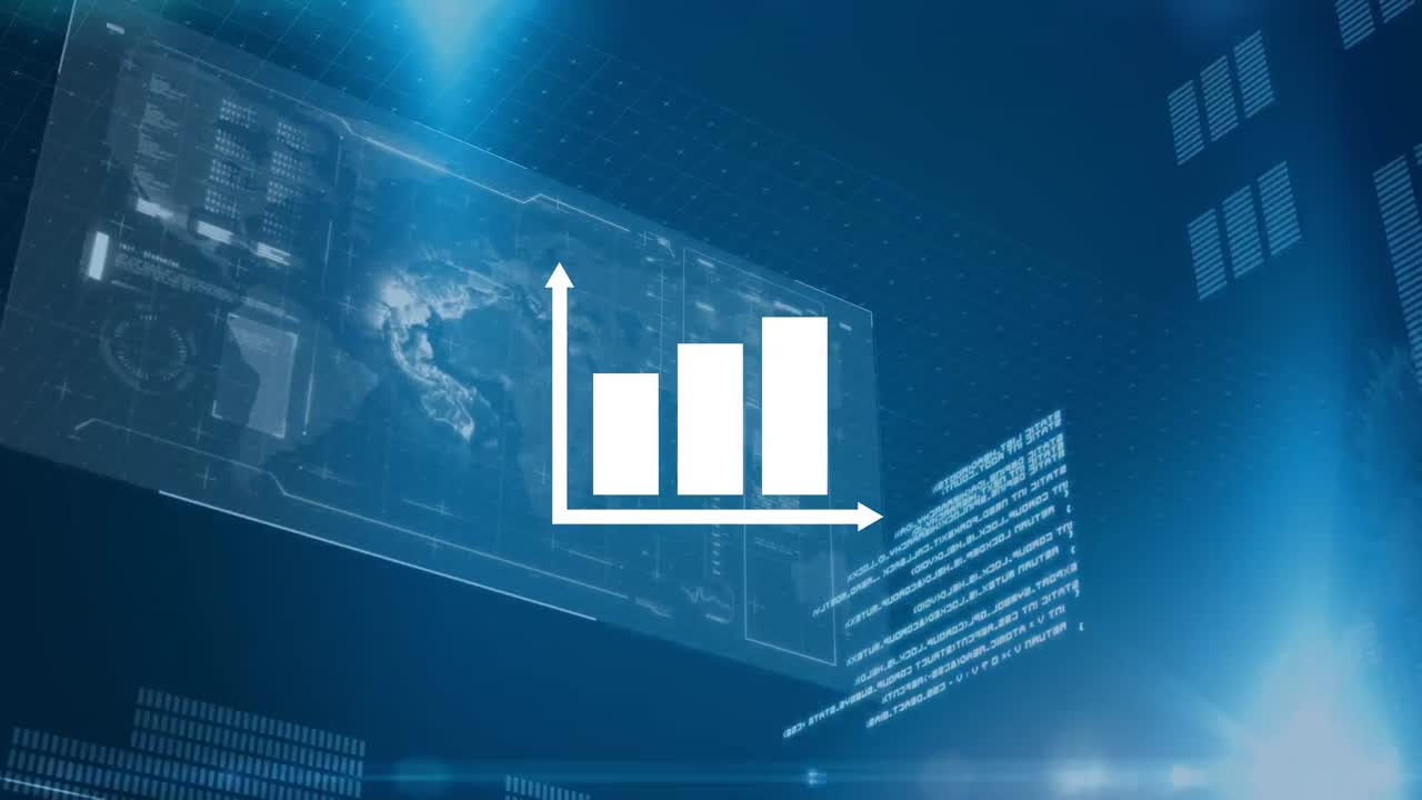 Animation of graph and data processing on screens over blue background