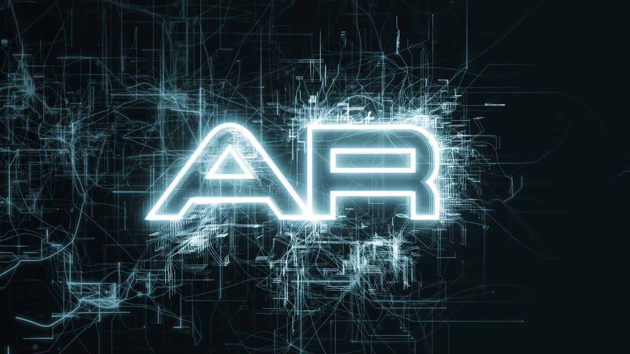Animation of AR, augmented reality, text with circuit board-like lightning animated and the camera flying out of the text