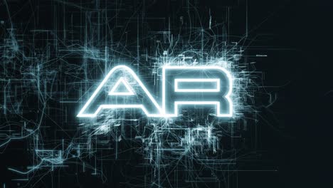 animation of ar, augmented reality, text with circuit board-like lightning animated and the camera flying out of the text