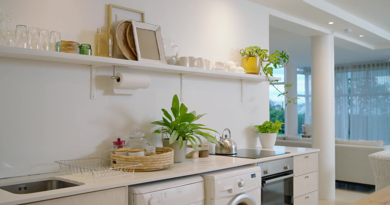 Câmera em movimento panorâmico para a direita, revelando balcão de cozinha aberto com prateleira e plantas, mostrando o layout.
