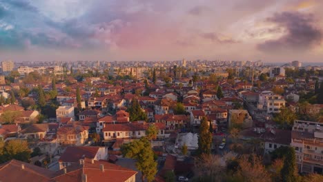 aerial view of an old town at sunset