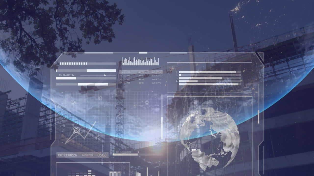 Construction site with crane against sky, with data processing globe in foreground