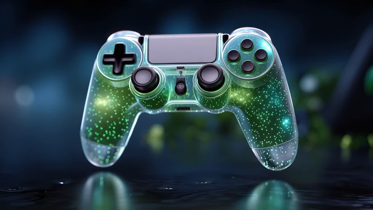 Glowing controller shimmers with embedded lights. Reflections dance beneath its translucent body. Digital sparkles pulse in cool blue surroundings. Gameplay fantasy meets futuristic control design