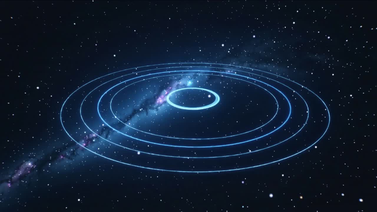 Sequence starting concentric neon rings rotating, color-shifting over nebula band as data overlay