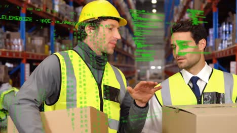 Animation-of-data-processing-over-diverse-people-working-in-warehouse