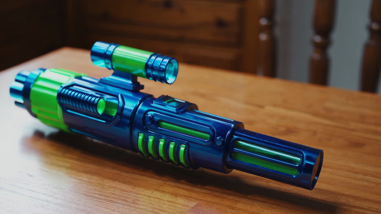 Child's hand holding a blue and green toy blaster with a scope on a wooden table