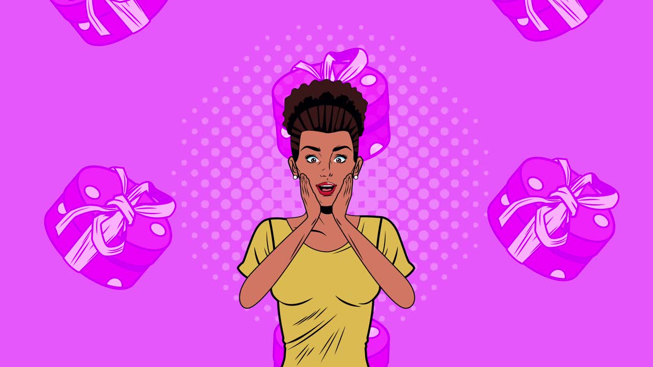 afro beautiful woman with gifts boxes pop art style